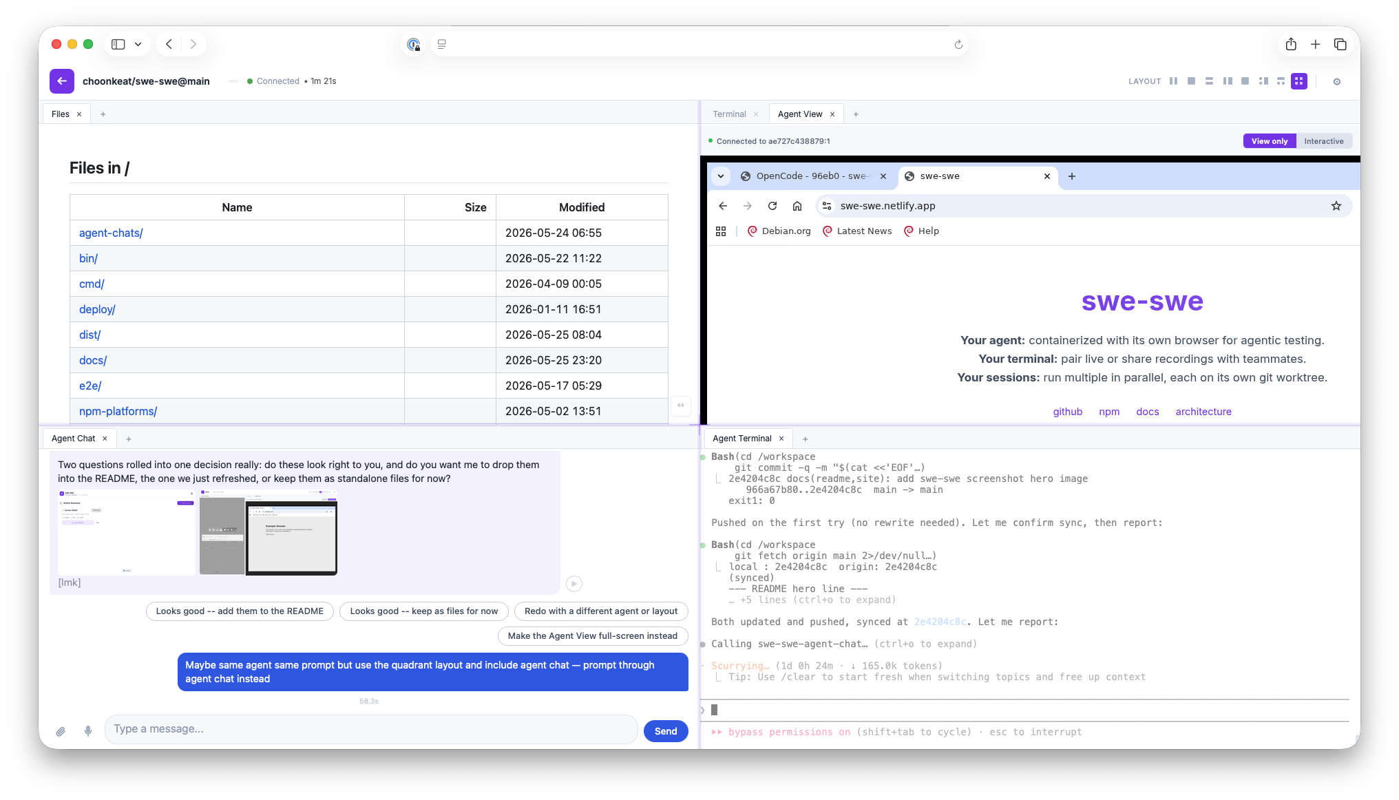 swe-swe in action: agent chat, app preview, and a live docs pane side by side